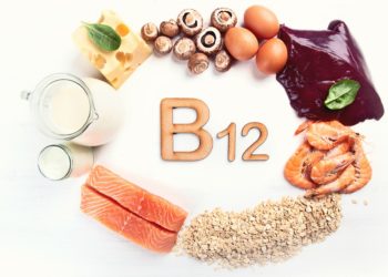 Unterschiedliche Vitamin B12 enthaltende Lebensmittel im Kreis angeordnet