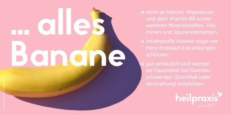 Abbildung einer Bananen mit einer Auflistung der Inhaltsstoffe und Wirkung
