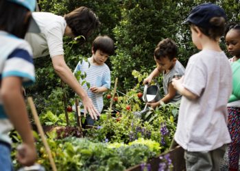 Kinder mit Lehrin bei der Schulstunde im Gemüsegarten.