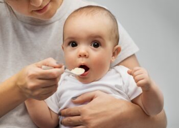 Mutter füttert ihr Baby mit einem Löffel Babybrei