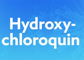 Gesichter von Mann und Frau mit Mundschutz vor blauem Hintergrund mit dem Schriftzug Hydroxychloroquin