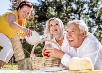 Drei ältere Personen machen ein Picknick auf einer Wiese.