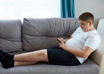 Ein übergewichtiger Junge sitzt auf dem Sofa und schaut auf ein Smartphone.