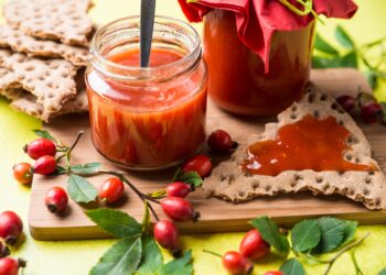 Aufstrich aus Hagebutten auf einem Knäckebrot