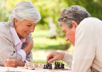 Älteres Paar spielt Schach auf einer Decke im Park.