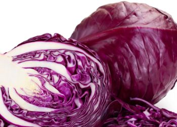 Ein ganzer und ein halbierter frischer Kopf Rotkohl vor weißem Hintergrund